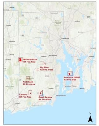 rhode island map showing the areas DEM plans to hold controlled burns